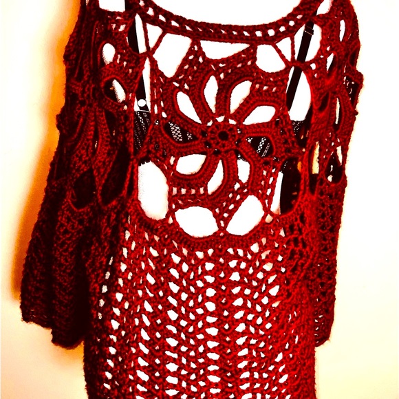 Red Hand Crochet Bell Sleeves Sweater! Size Large - Picture 2 of 15